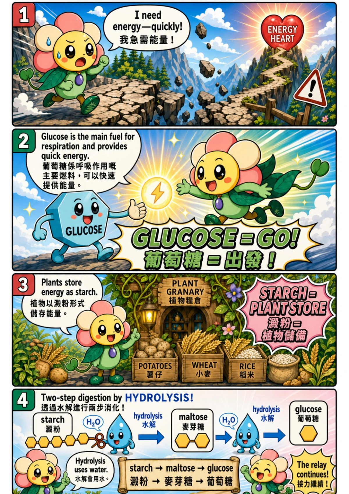 Comic page 3: Glucose and starch relay