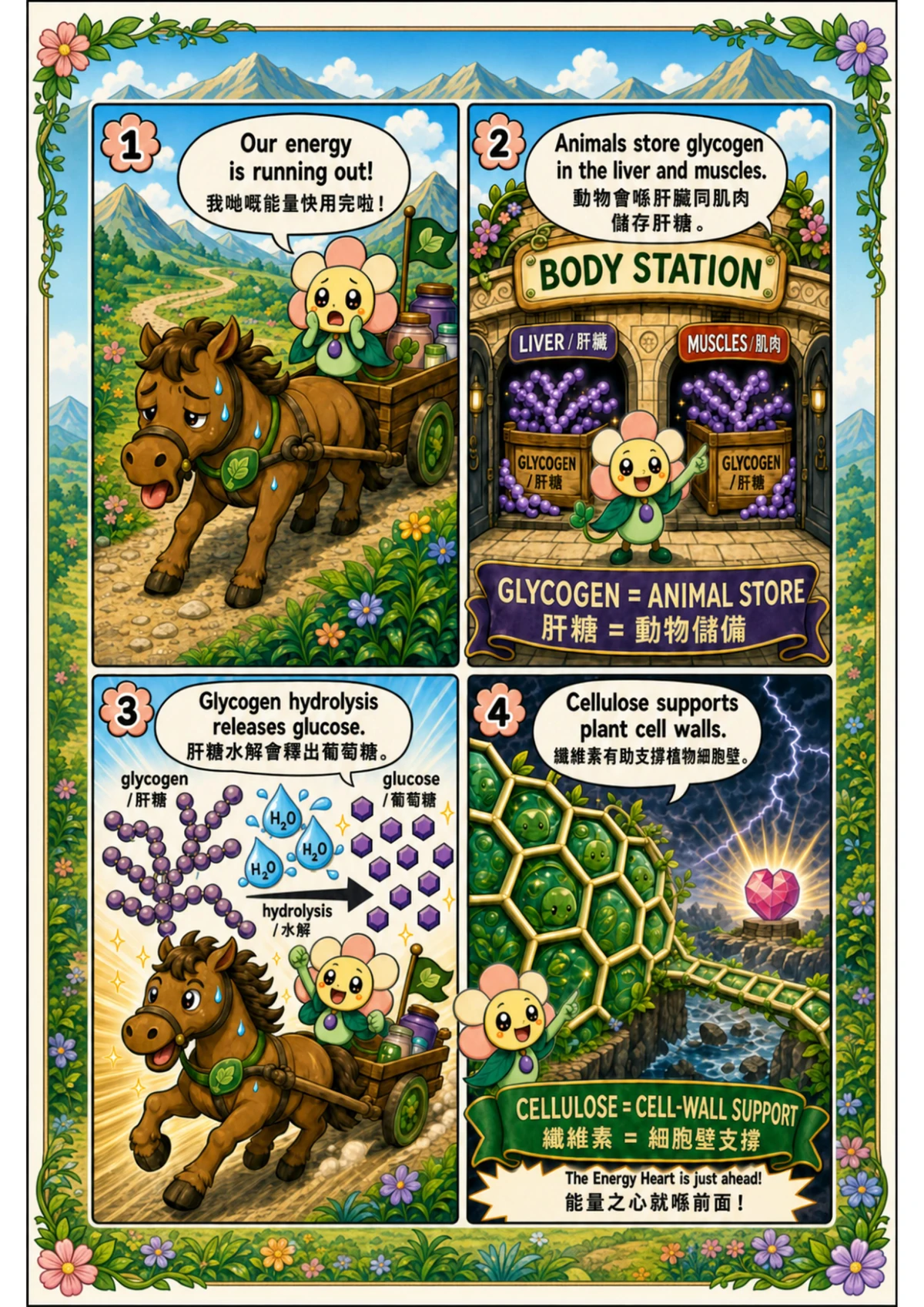 Comic page 4: Glycogen and cellulose relay