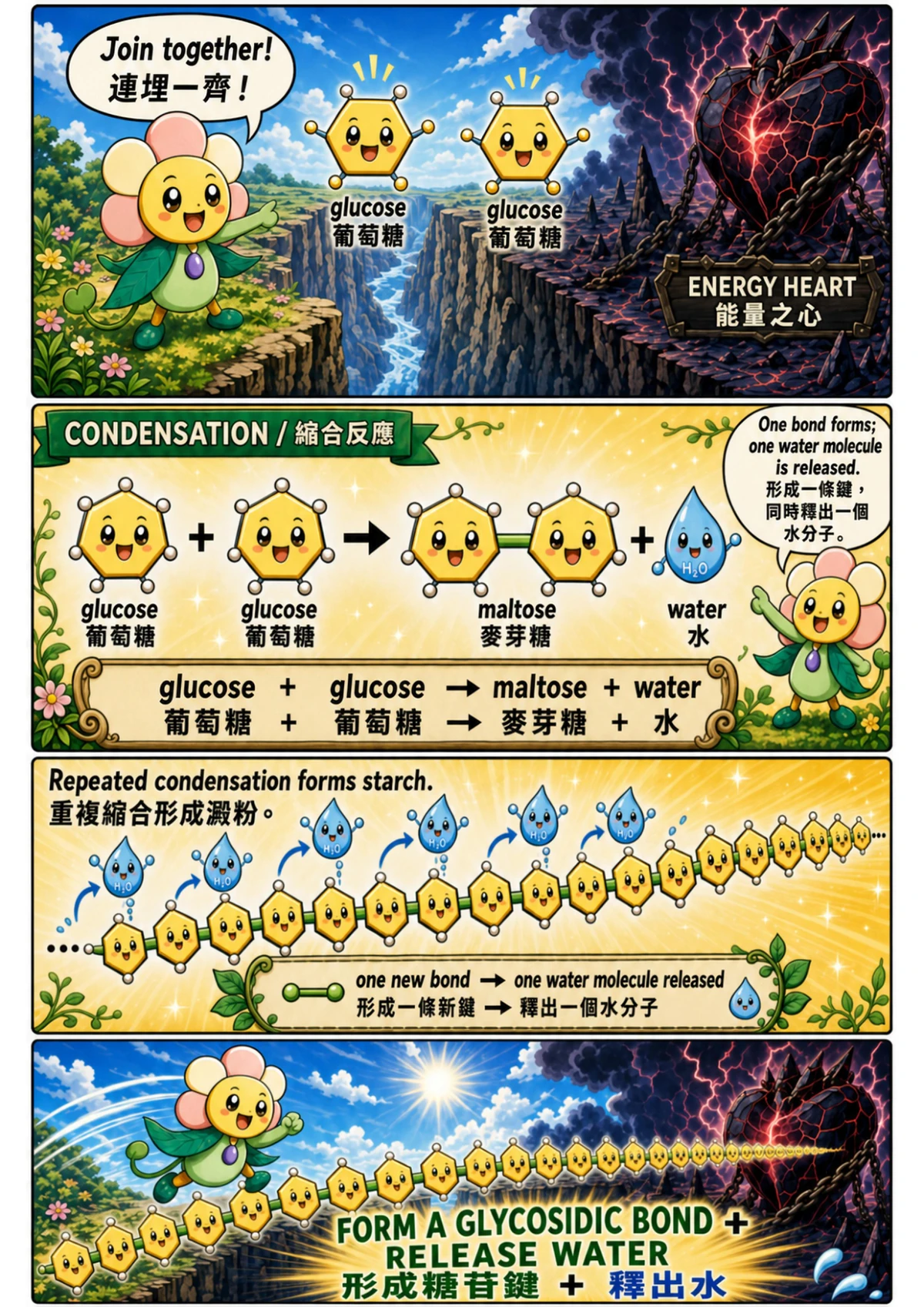 Comic page 5: Building the starch bridge by condensation