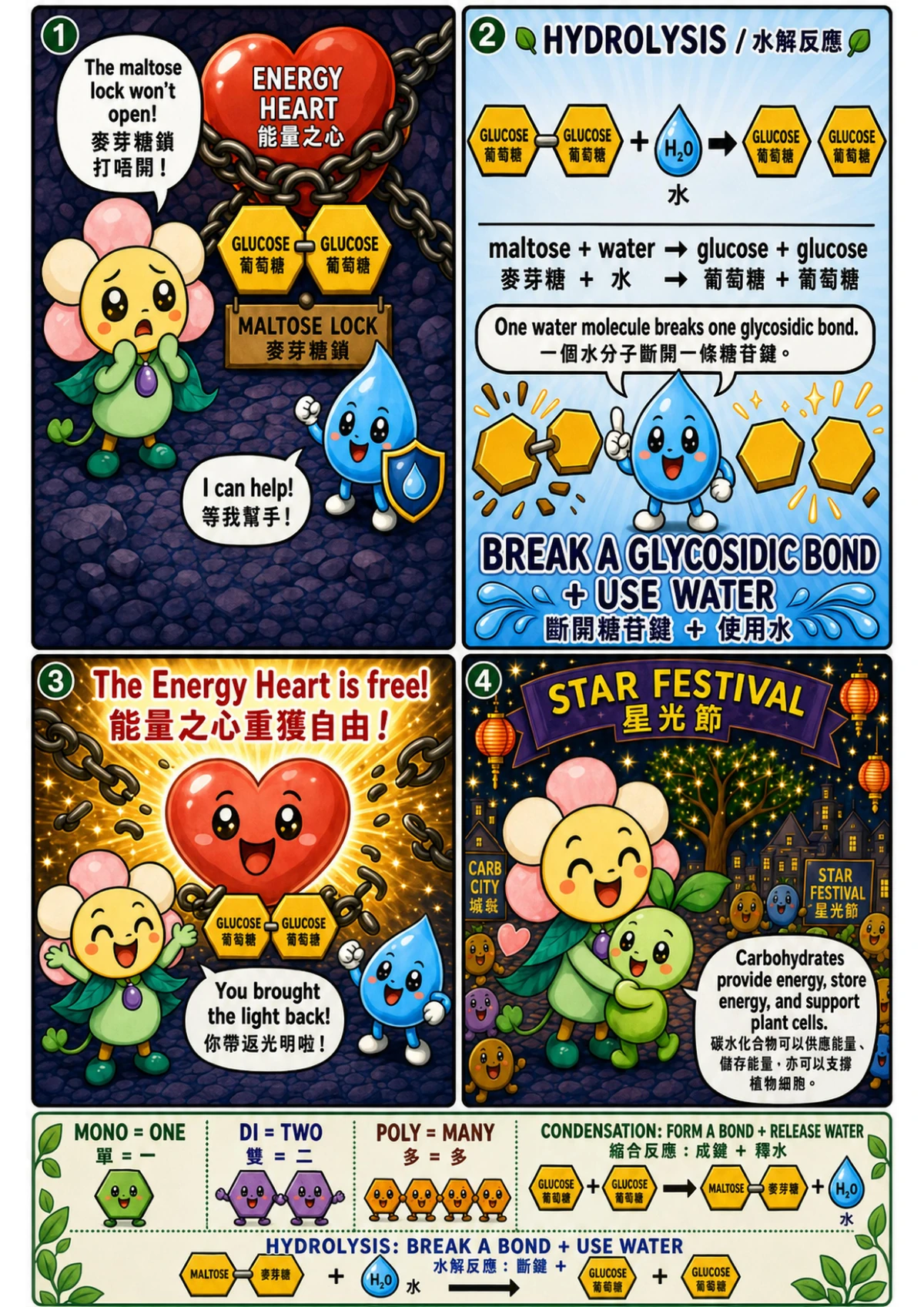 Comic page 6: Hydrolysis frees the Energy Heart